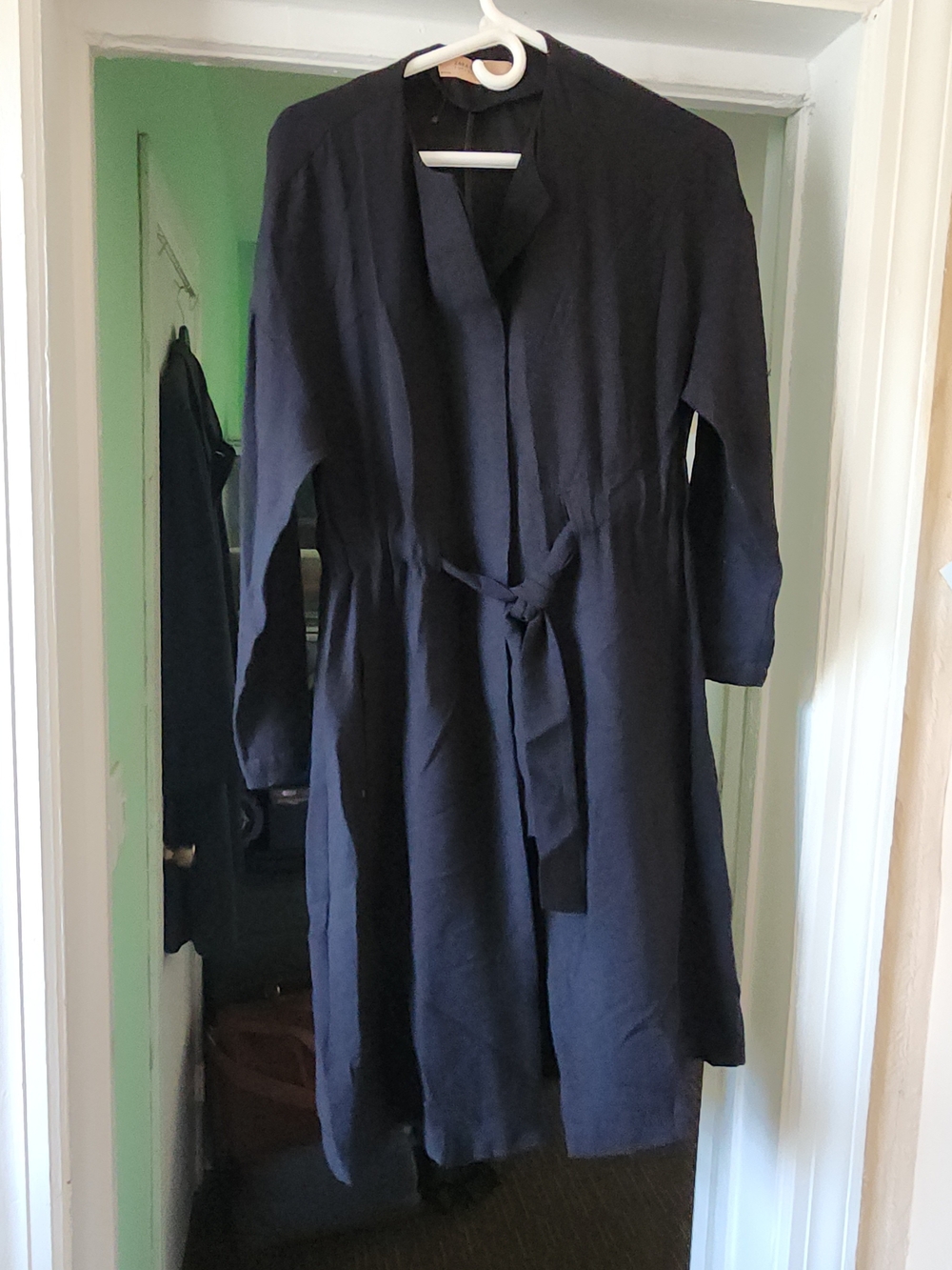 Zara Navy Long-Sleeve Tie-Waist Midi Dress